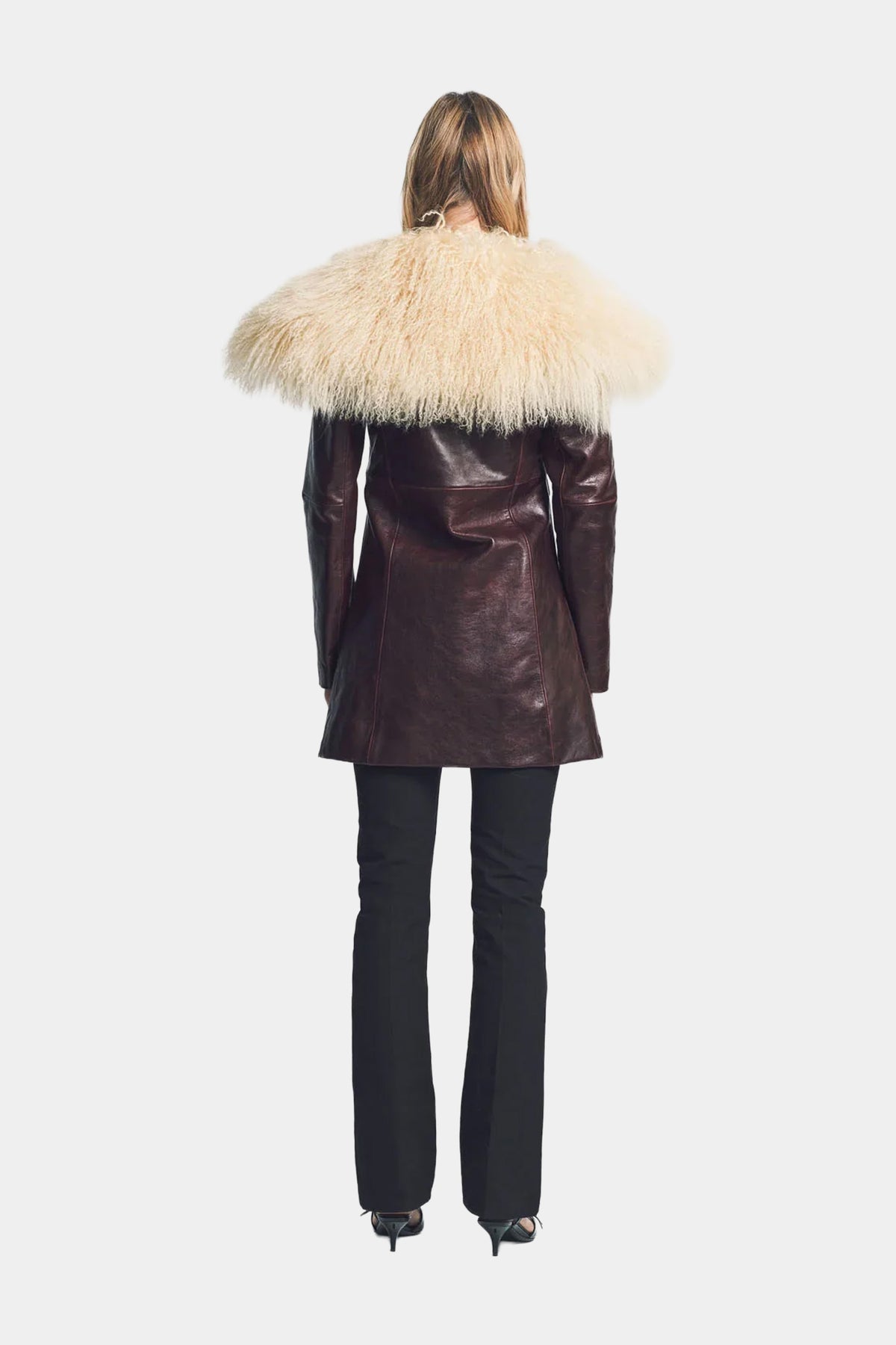MYUS Wycliffe Coat on body back  in Italian lambskin leather available at Maxfield Los Angeles